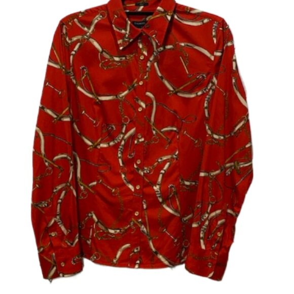 TALBOTS Stretch Womens Red Equestrian Horse Button Down Blouse Top Sz 10 Preppy - Picture 2 of 6